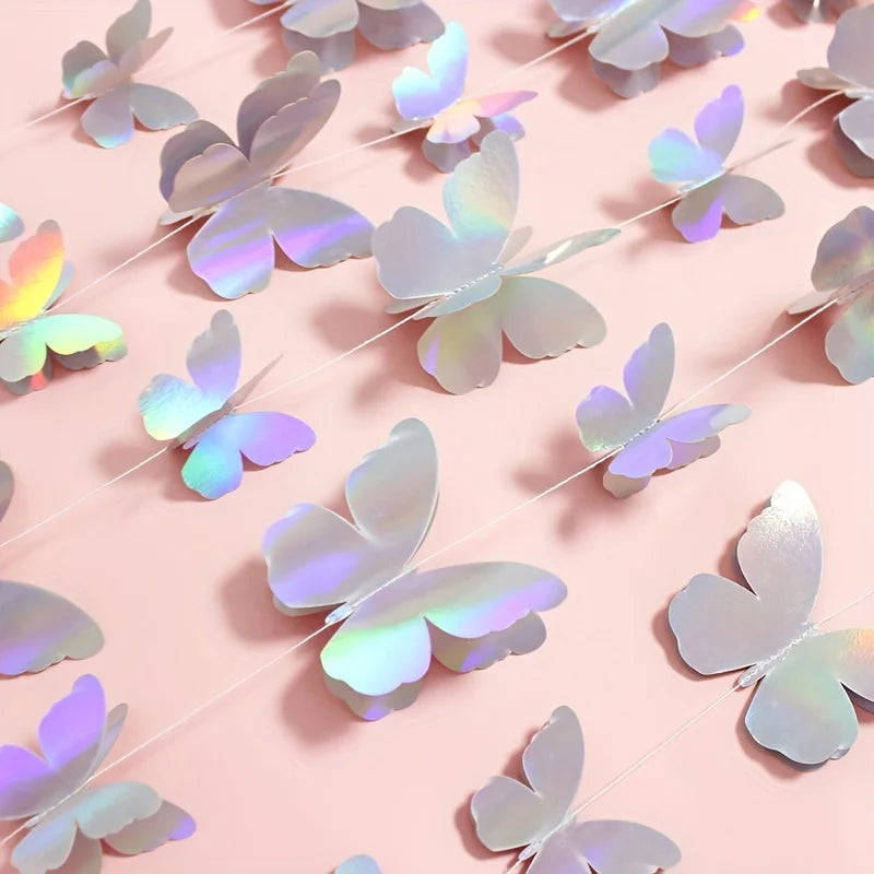 guirlande papillons holographiques brillants 3d blanc bleu vert rose violet jaune anniversaire mariage