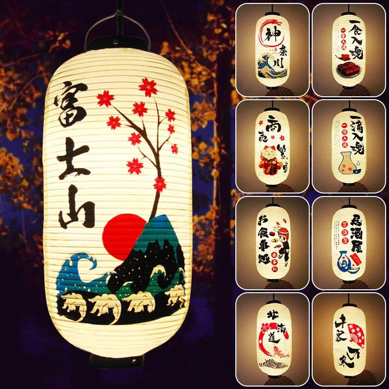 lanterne japonaise traditionnelle blanc noir rouge bleu vert paysages symboles lettrage extérieur festive