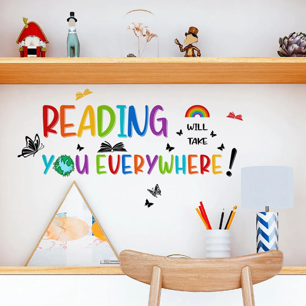 autocollant mural enfantin phrases inspirantes livres arcs ciel papillons adhésif decoratif chambre education motivation