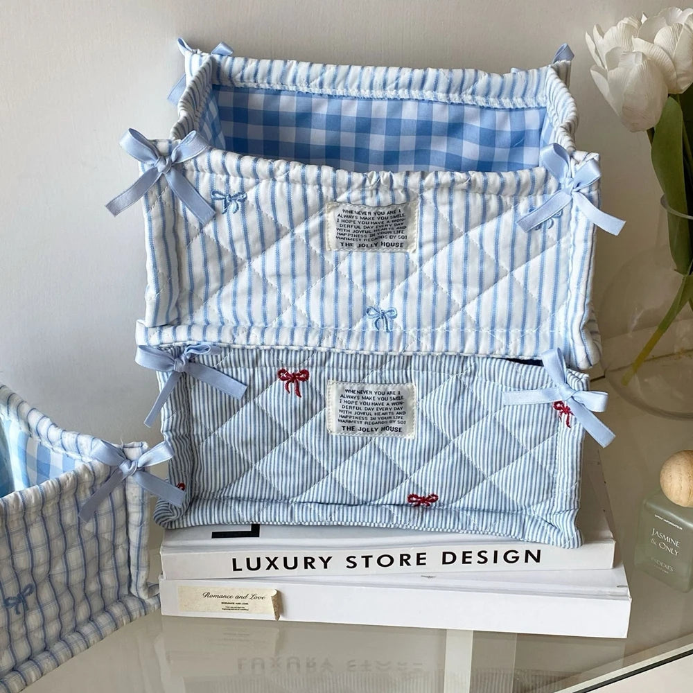 panier rangement tissu polyestère bleu clair rayures horizontales pliable utilisation multiple moderne décoratif rubans