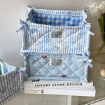panier rangement tissu polyestère bleu clair rayures horizontales pliable utilisation multiple moderne décoratif rubans