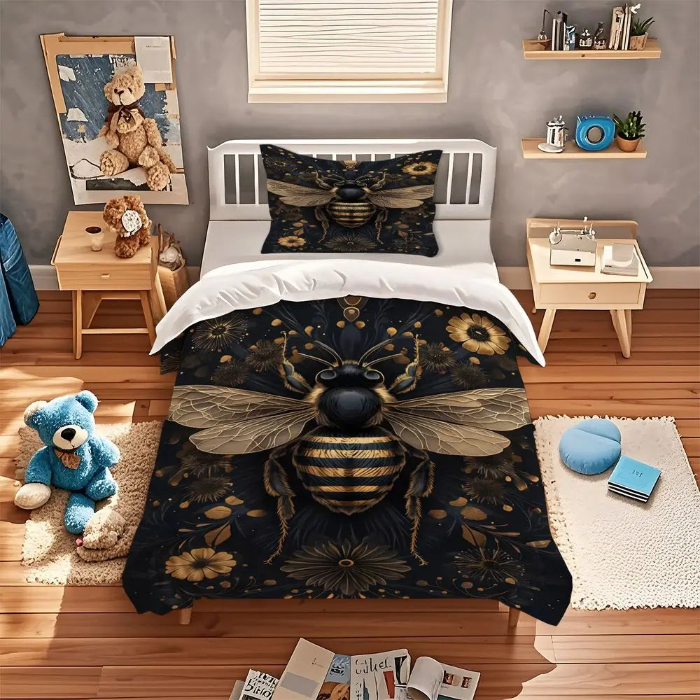 ensemble couette abeille motif floral moderne noir or blanc fermeture éclair taies d'oreiller triple