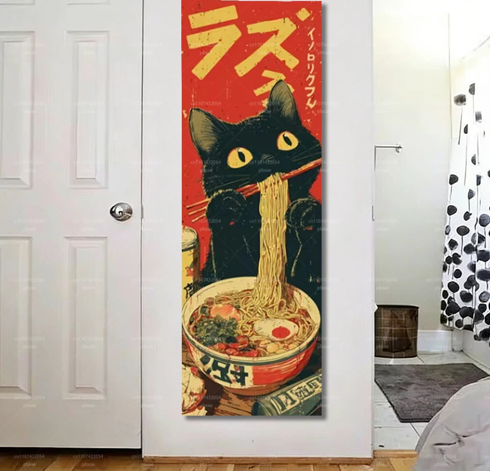 affiche murale vintage chat noir nouilles rouge jaune pop art 150cm 40cm