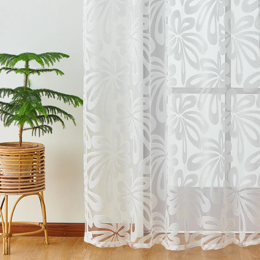 rideau moderne polyester jacquard fleurs stylisées transparent blanc beige maison hospitalité 132x243cm