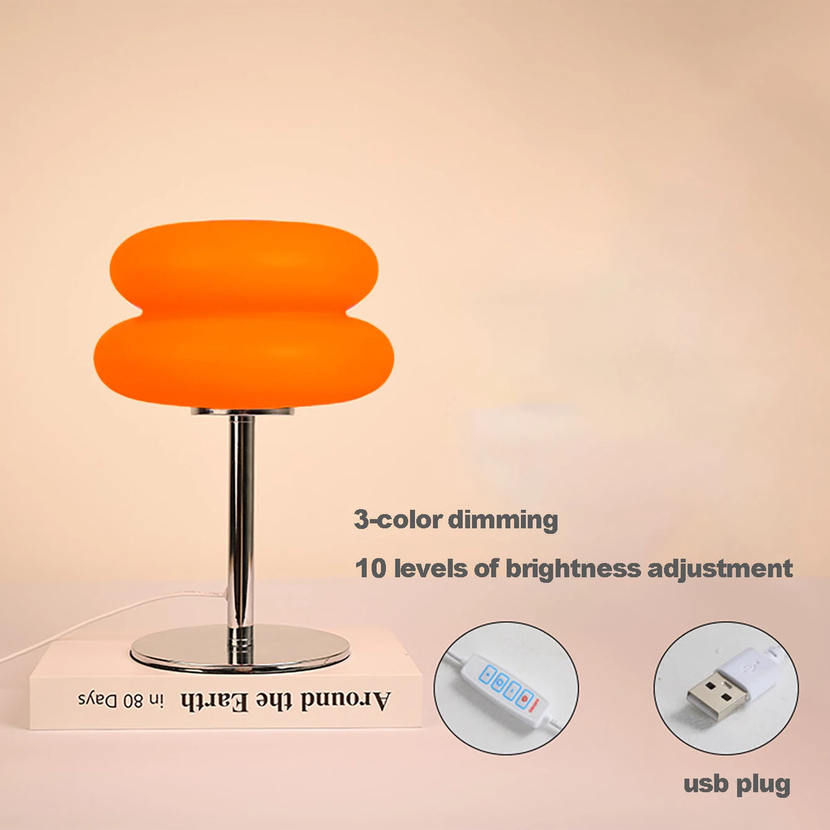lampe table moderne abat jour blanc pied argenté prise usb tricolore ambiance chambre étude