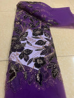 tissu dentelle fleurs broderie paillettes polyester coton mariage translucide violet bleuclair rouge gris marron