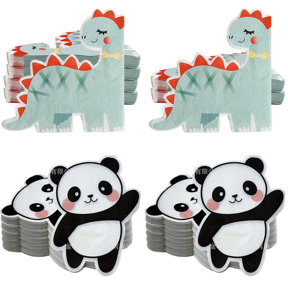 serviettes jetables animaux dessin animé dinosaure panda papillon empreintes pattes bleu vert blanc orange