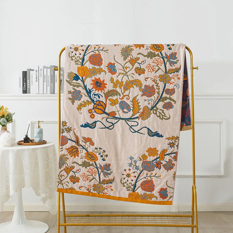 couverture bain coton fleur bleue jaune rapide absorbante machine ethnique traditionnelle