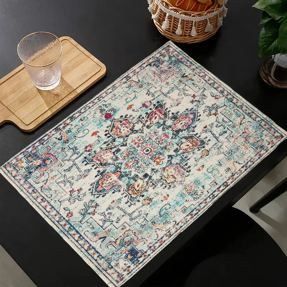 tapis table motif floral géométrique traditionnel beige orange bleu rouge vert blanc