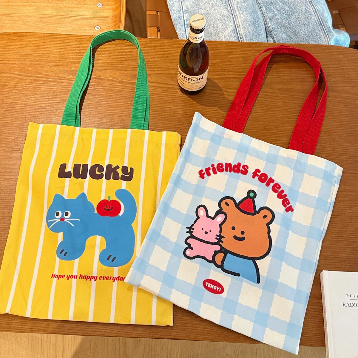 sac main toile dessins animés chat lapin pomme rayures horizontales moderne cartoon poignées détachables