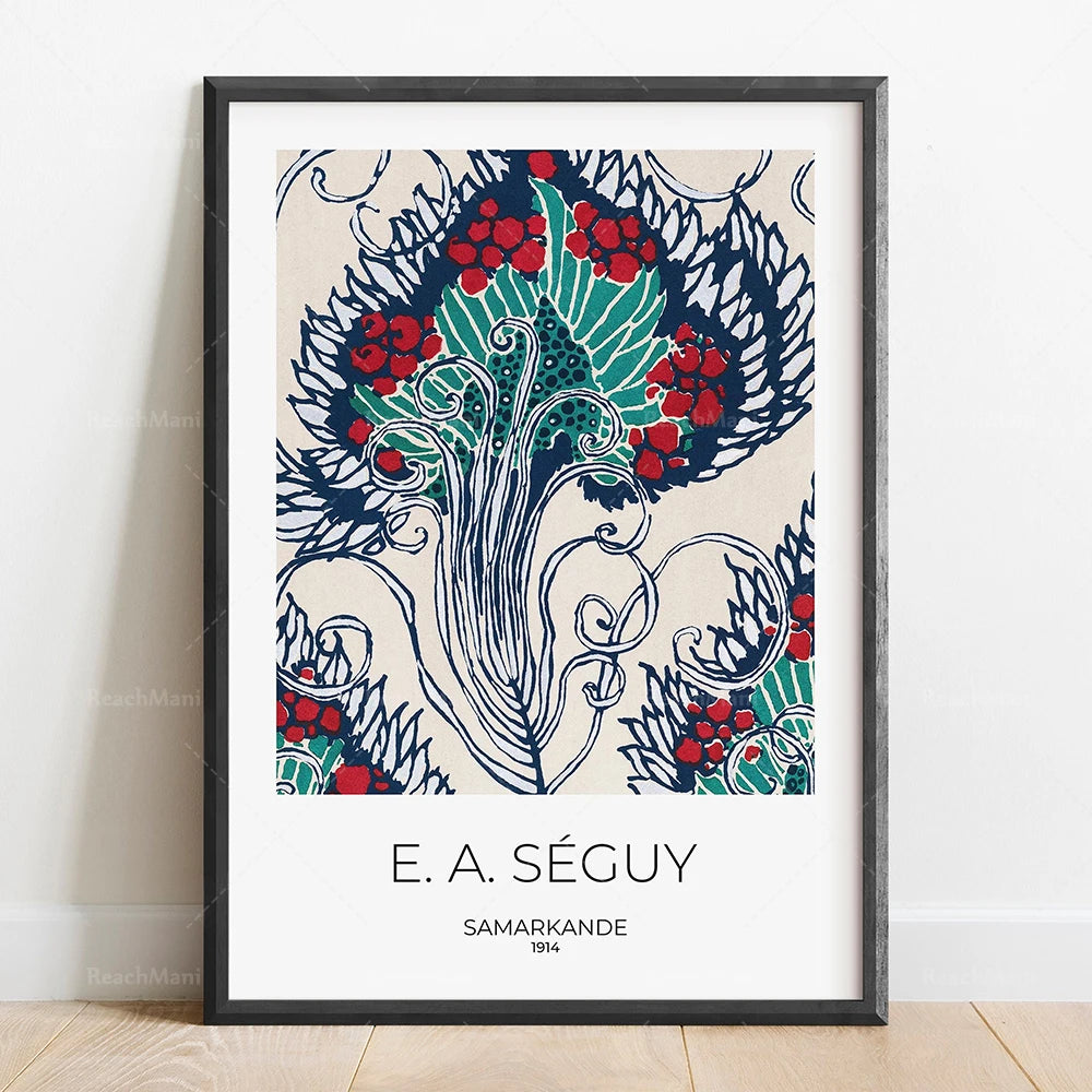 L'image présente une œuvre d'art abstraite et colorée avec des motifs floraux et végétaux, créée par l'artiste E.A. Séguy en 1914, intitulée "Samarkande".