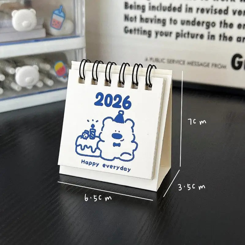 calendrier mini blanc bleu mignon dessins animés anneaux métalliques dates imprimées modernes minimalistes