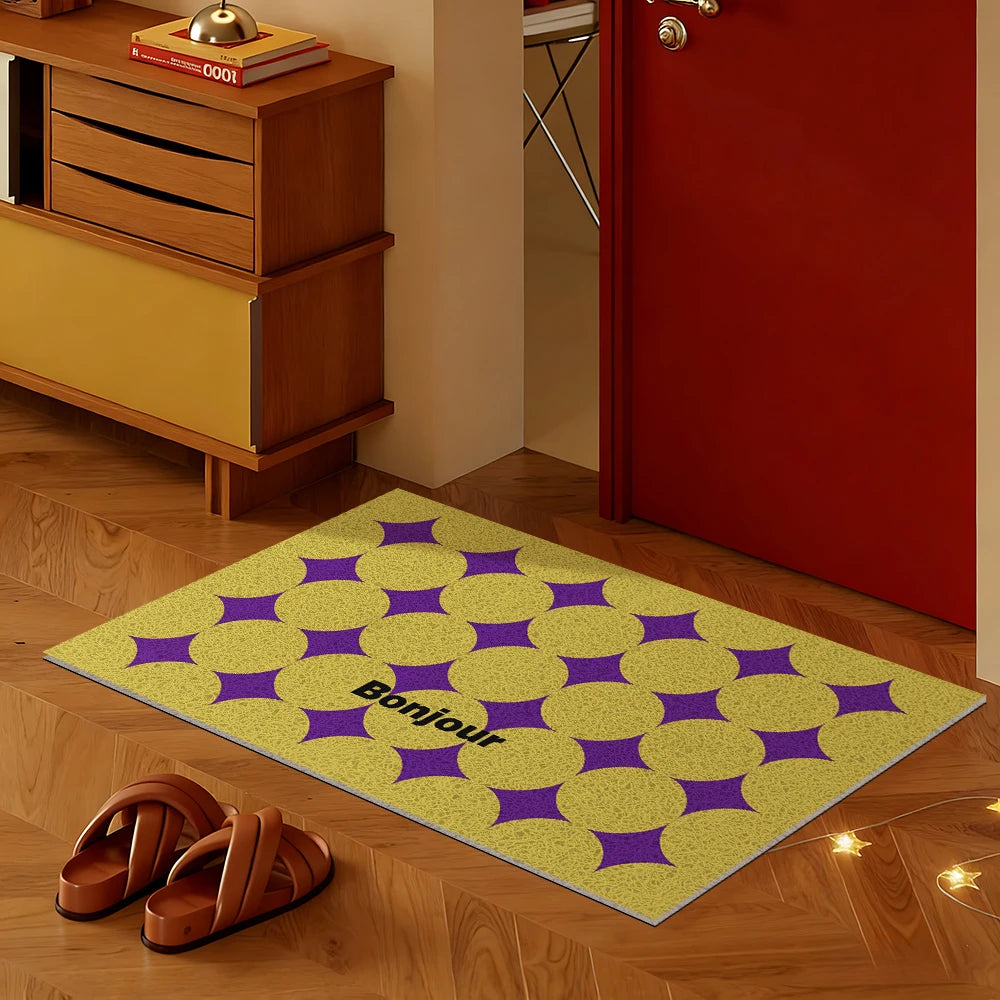 tapis moderne antidérapant géométrique jaune violet sol extérieur légèrement rugueux adhésif