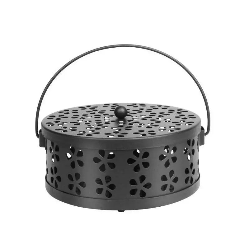 boîte bobines moustiques aromathérapie noir bleu rose pâle perforations floraux poignée métallique portable anti