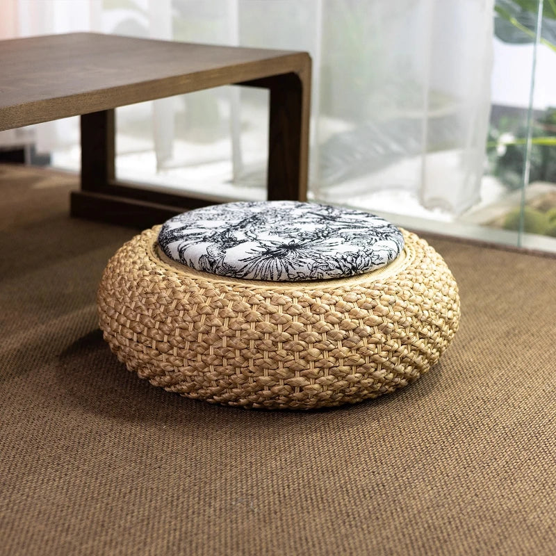 coussin sol rustique tissé floral anti décubitus coton paille meditation relaxation salon