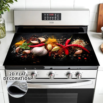 protège feu plaque cuisson moderne motif épices piment ail noir rouge jaune vert marron