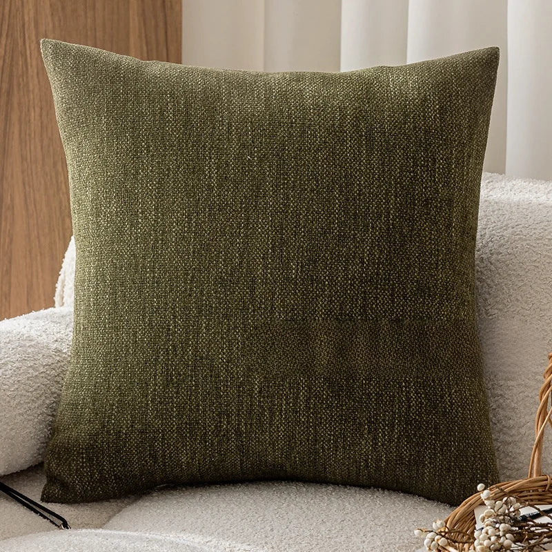 coussins décoratifs moderne vert olive beige coton polyester respectueux environnement fixations