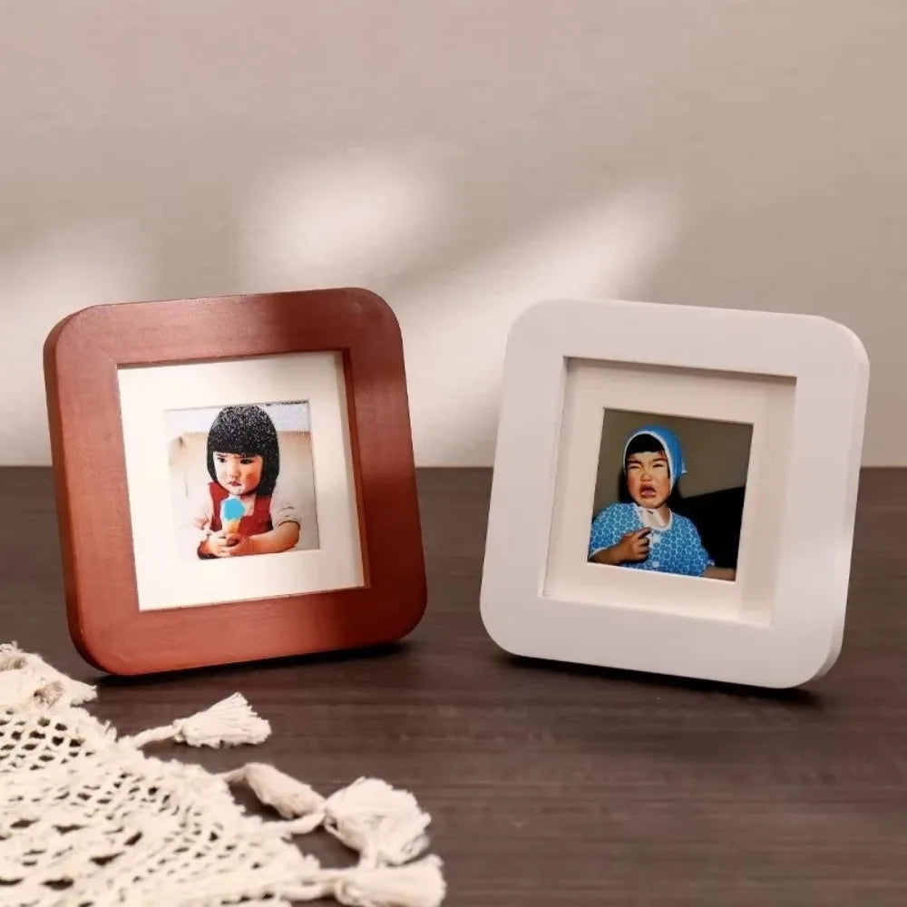 cadre photo moderne 9x9cm marron blanc bois carré arrondi enfant déco maison minimaliste