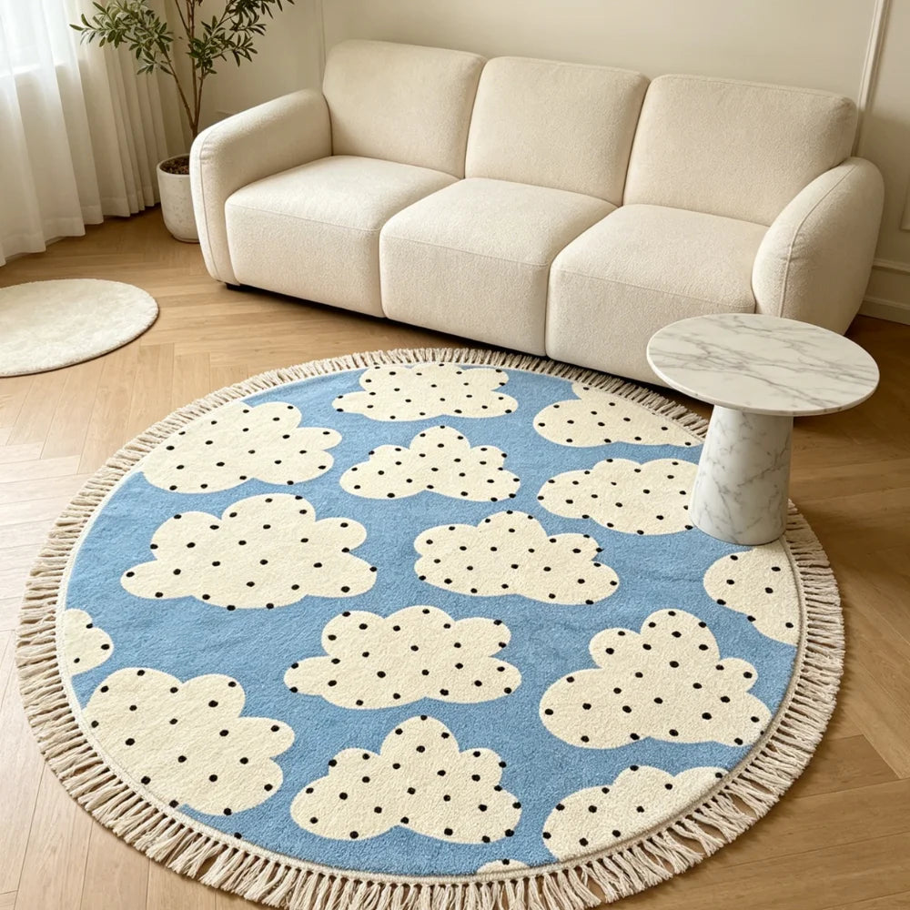 tapis rond moderne nuages bleu clair blanc franges chambre salon bébé extérieur