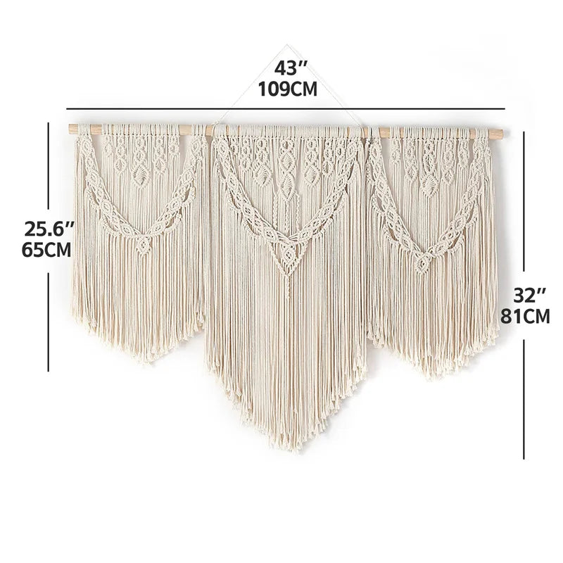 tapisserie macramé coton ovale motifs géométriques franges bohème bois opaque