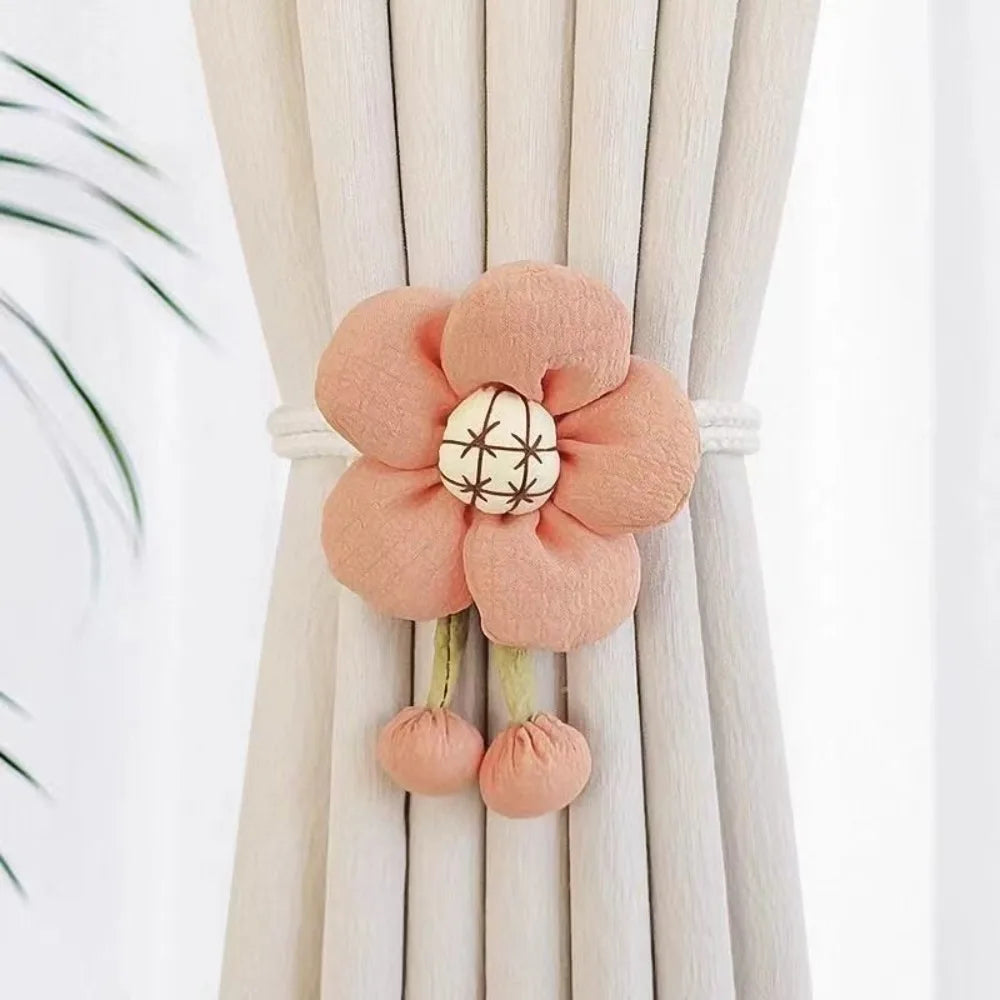rubans rideaux fleurs relief rose clair jaune beige pompons clips métalliques