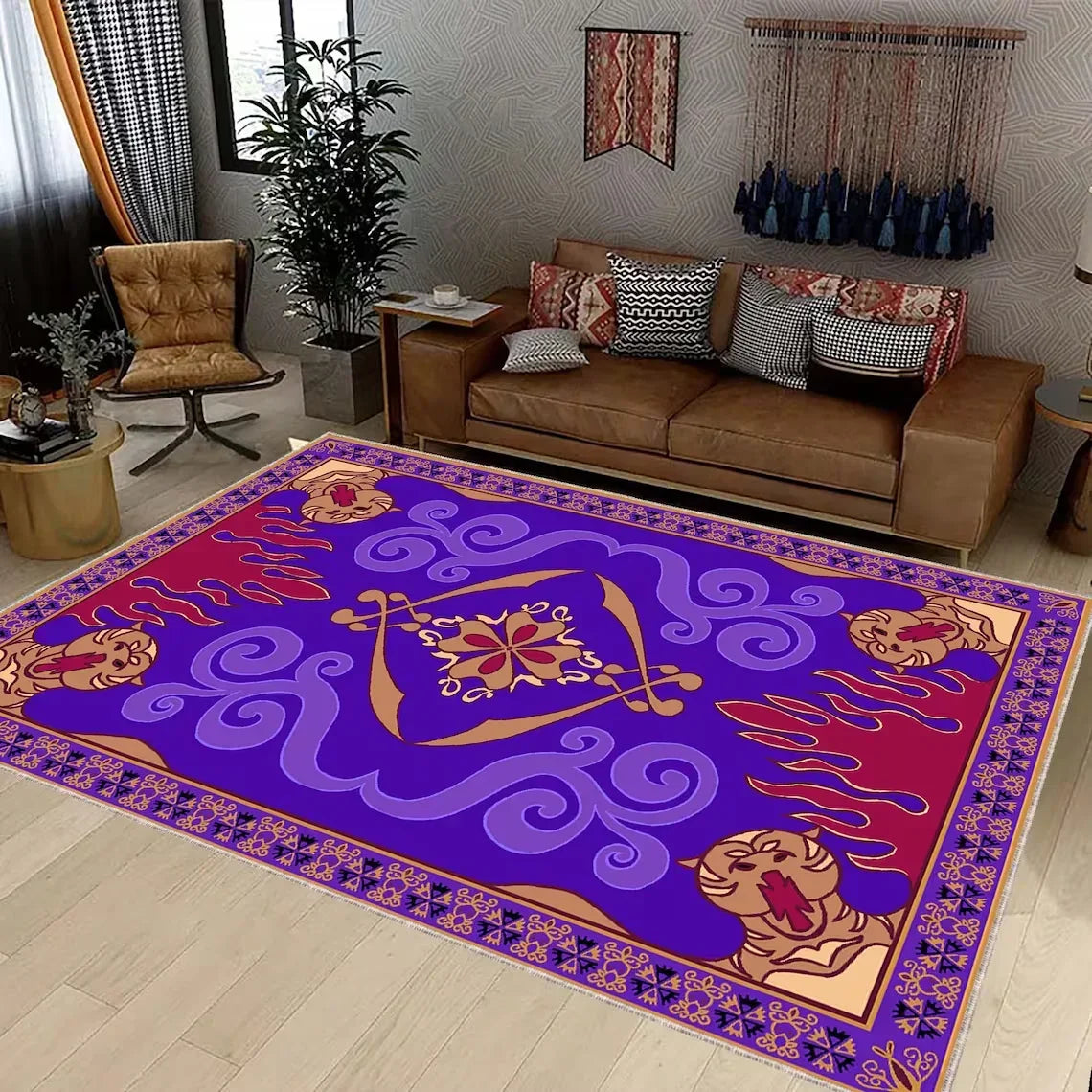 tapis violet bordeaux beige doux motifs floraux animaux moderne salon chambre