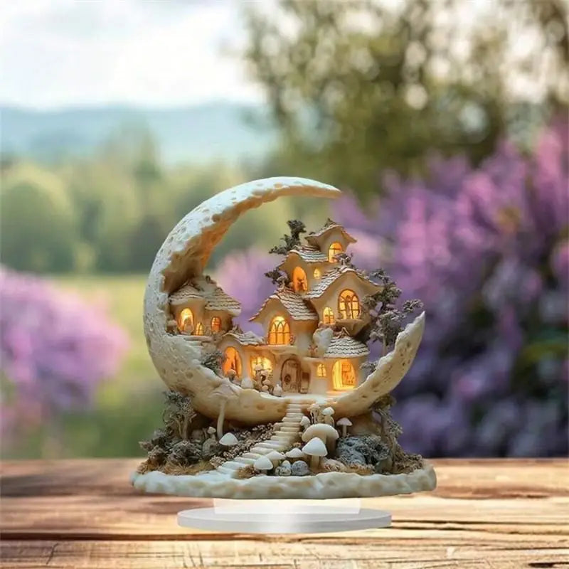 ornement artisanal miniature maison lune couleur beige blanc gris texture granuleuse décoration festival