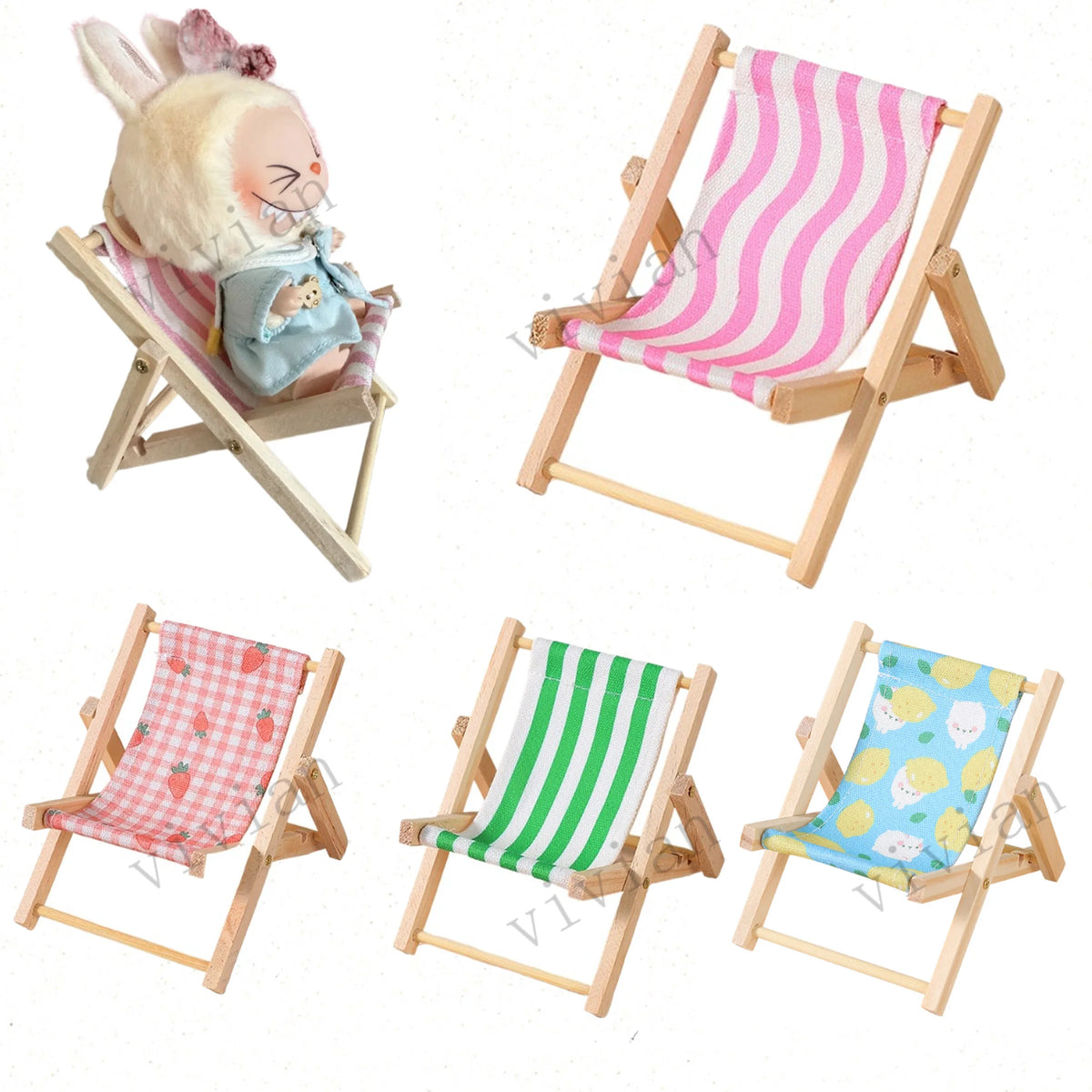 chaise pliante miniature accessoires poupée couleurs vives motifs citrons fraises moderne rayures horizontales