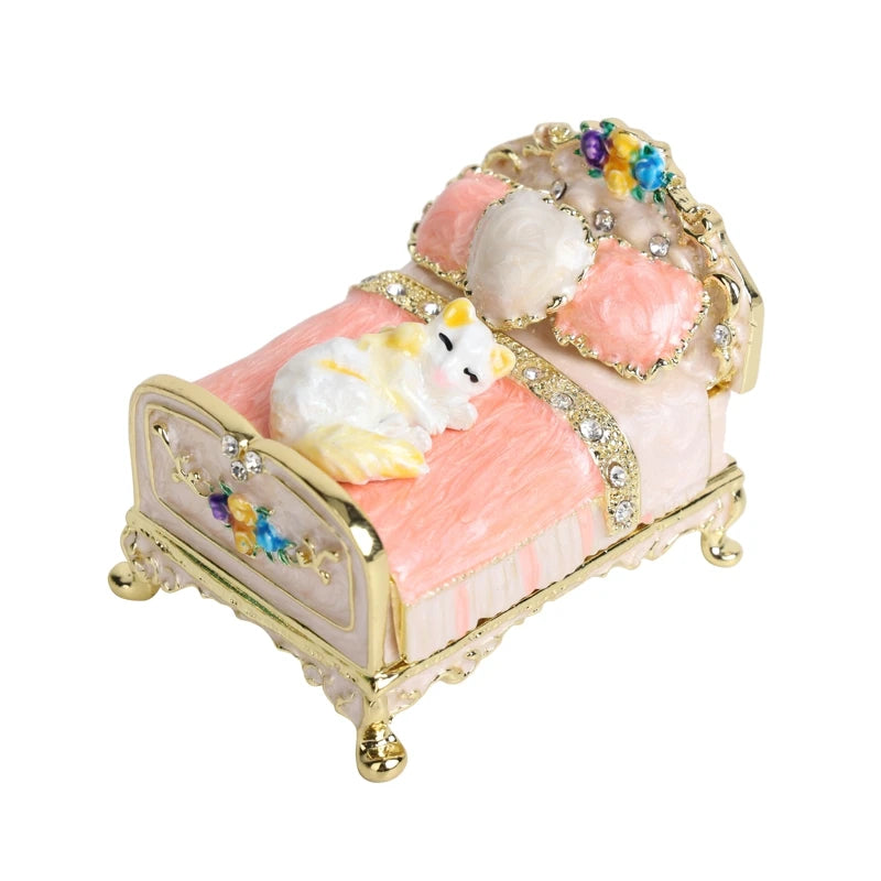 boîte bijoux trinket box baroque lit chat ornements strass tissu texturé rose or