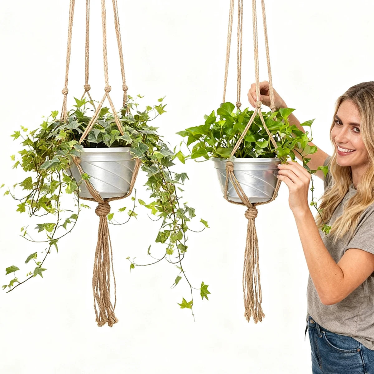 support plante suspendue corde tressée boho pot fleurs beige blanc artisanal