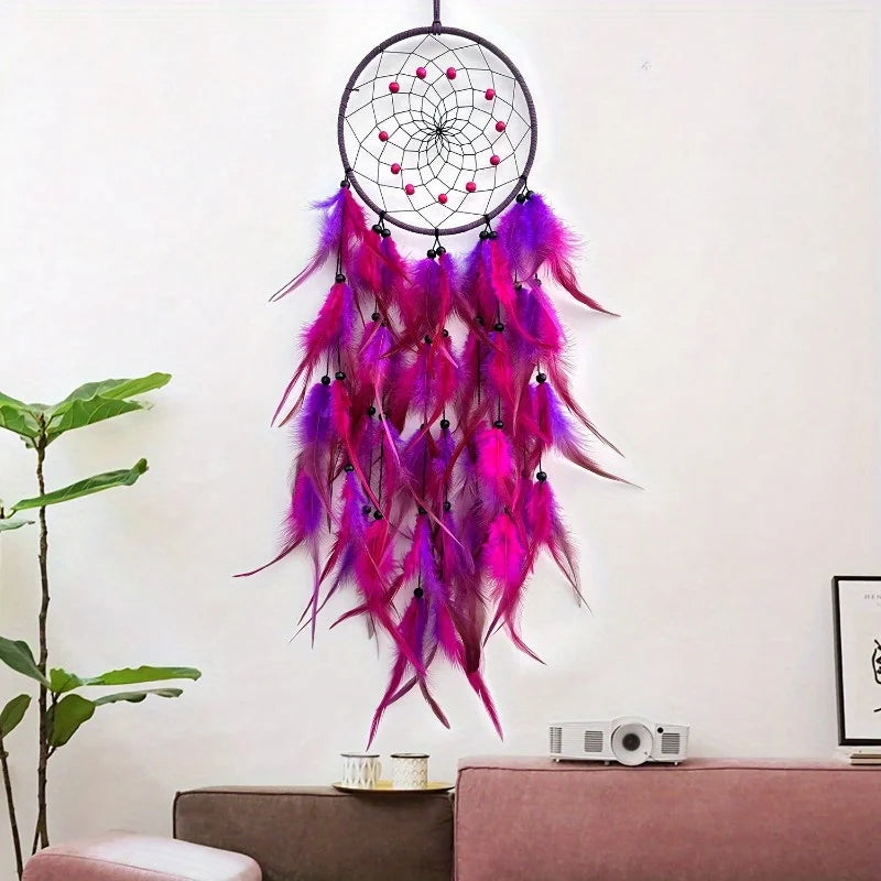 attrape rêves traditionnel plumes bleu vert orange violet décoration murale