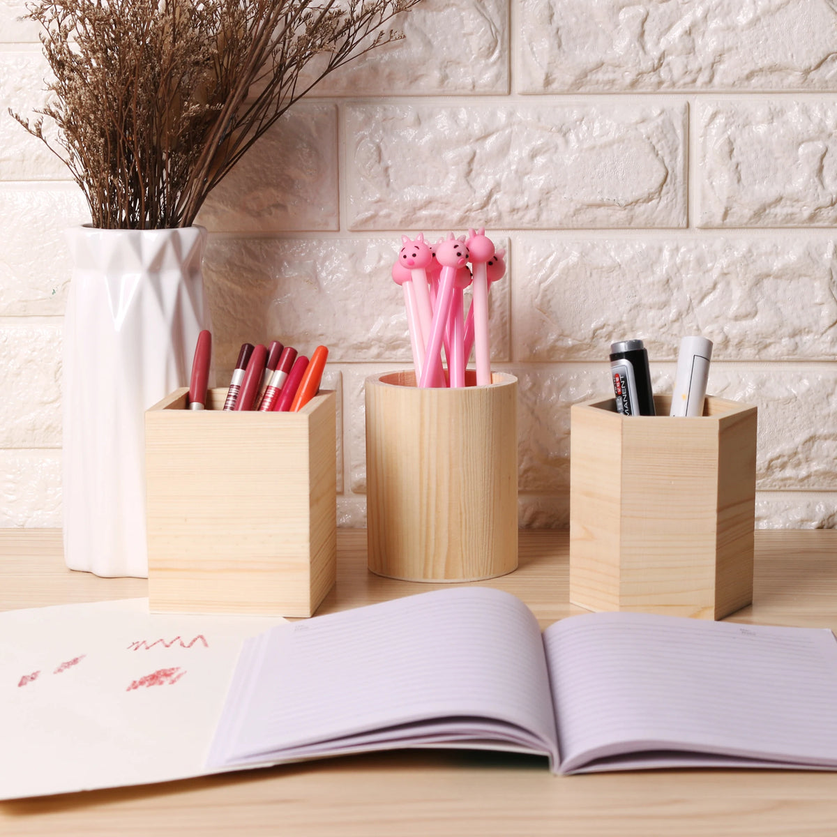 Boîte carrée en bois pour rangement de pinceaux et accessoires de maquillage