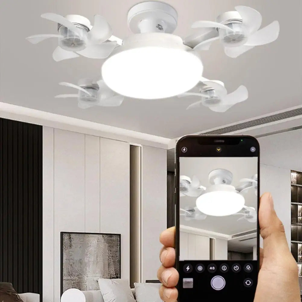ventilateur blanc lampe led couleurs télécommande dimmable moderne minimaliste pales fleur aérées