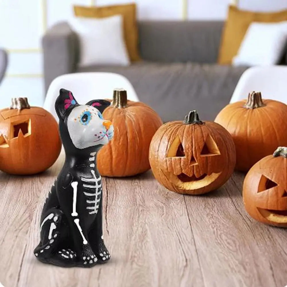 figurines animaux squelettes halloween noires fleurs peintes citrouilles araignées déco automne