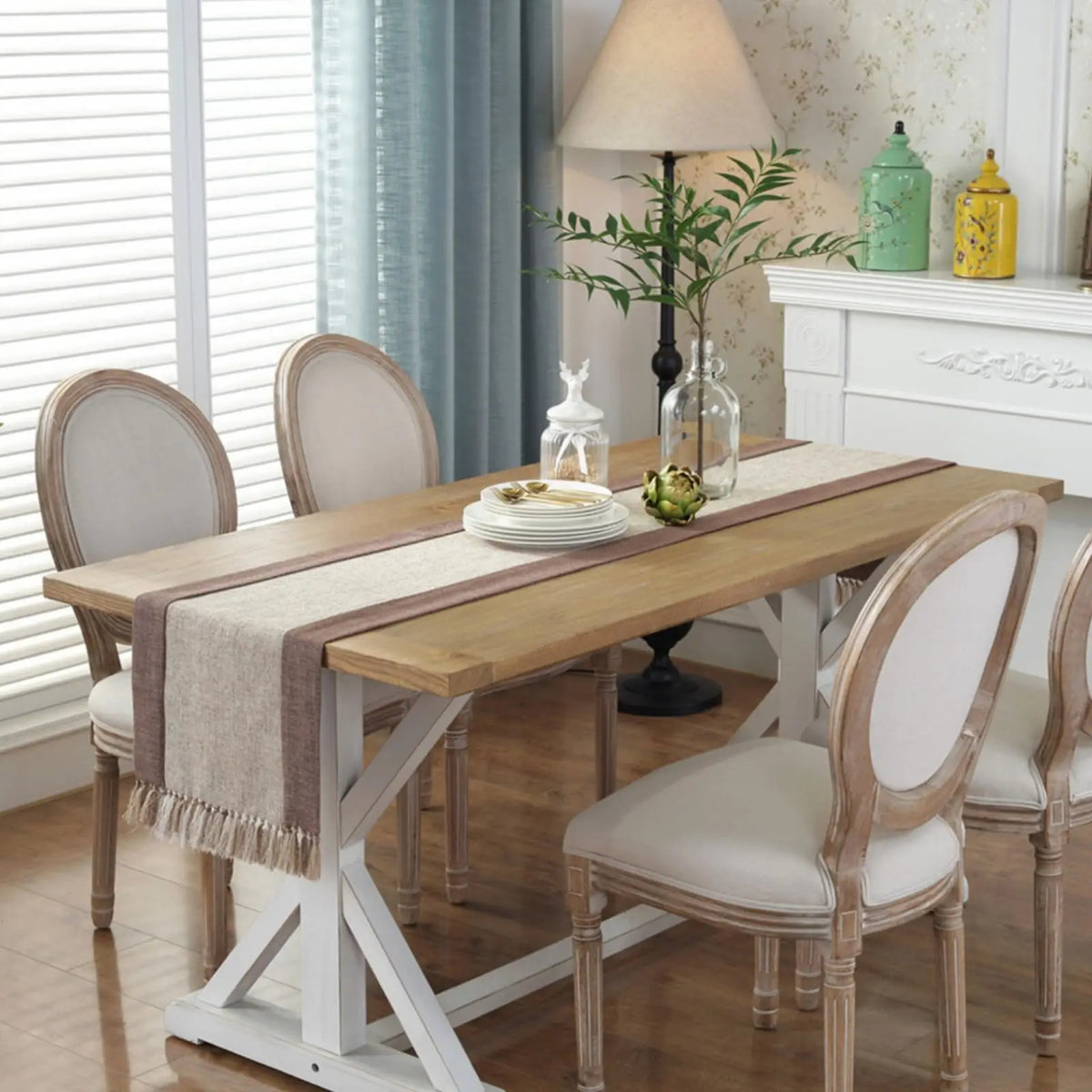 table cheminement lin naturel patchwork beige marron classique maison festif deco