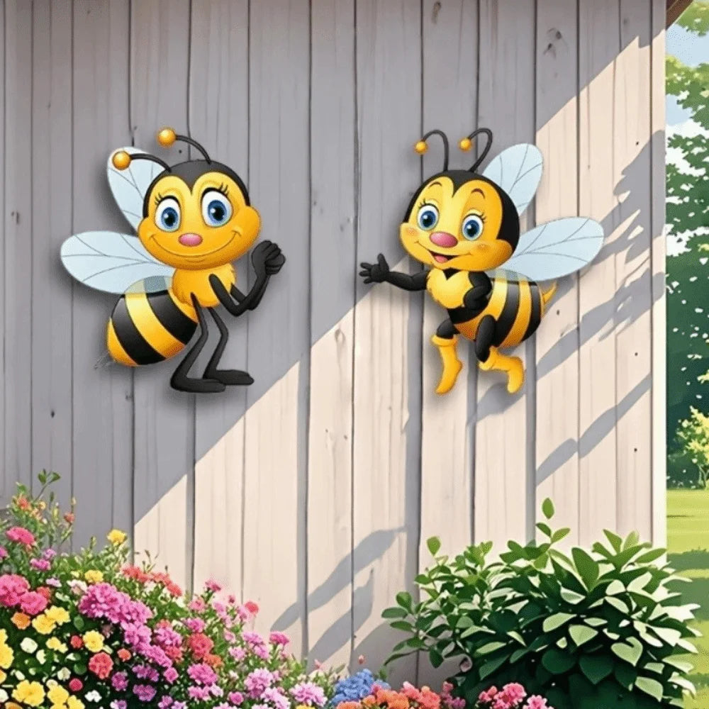 décoration murale abeille dessin animé jaune noir blanche antennes dorées clips transparents résistant soleil