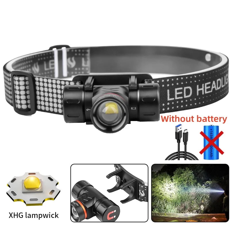 lampe frontale led rechargeable noire orange ceinture ajustable mode bas moyen haut étanche camping