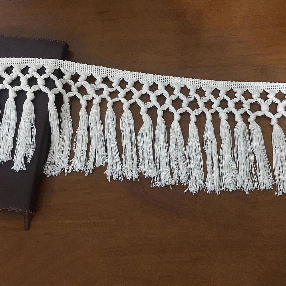 ruban macramé franges blanches motif géométrique bohème largeur 14cm longueur 108pouces artisanal decoration tissagemanuel