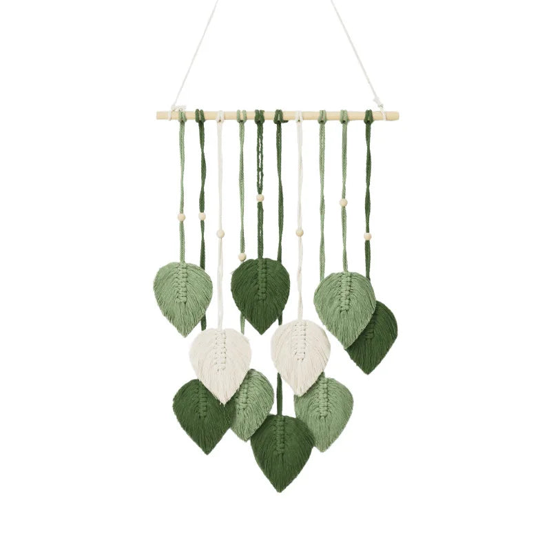 décoration murale boho feuilles tissées vert blanc marron rose gris suspension