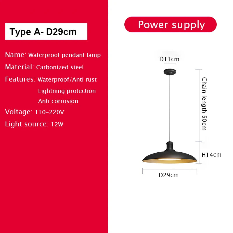 lampe moderne noire acier inoxydable suspension intérieure extérieure 24v led 29cm 34cm