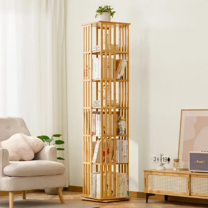 étagère rotative bambou meuble rangement livres salon moderne bois naturel minimaliste