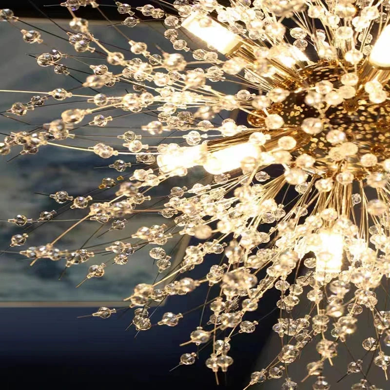 lustre suspension moderne cristal transparent doré luminaire salon restaurant élégant contemporain