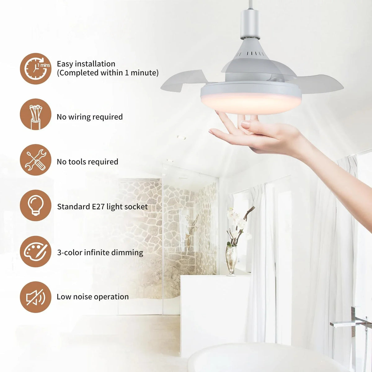 lampe ventilateur combinée moderne blanc éclairage quotidien télécommande surface cuisine chambre salle manger entrée