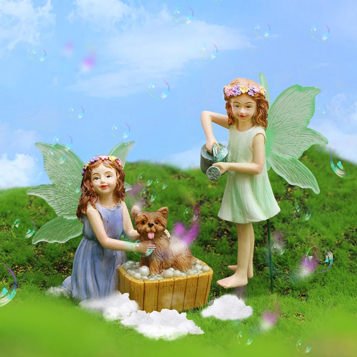 décoration extérieure résine fée chien baignoire fleurs herbe verte miniature jardin fantaisie