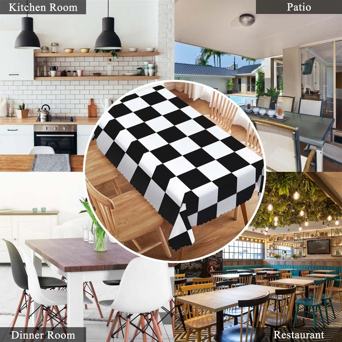 nappe rectangulaire imperméable carreaux noirs blancs moderne polyester réutilisable table manger farmhouse deco fête