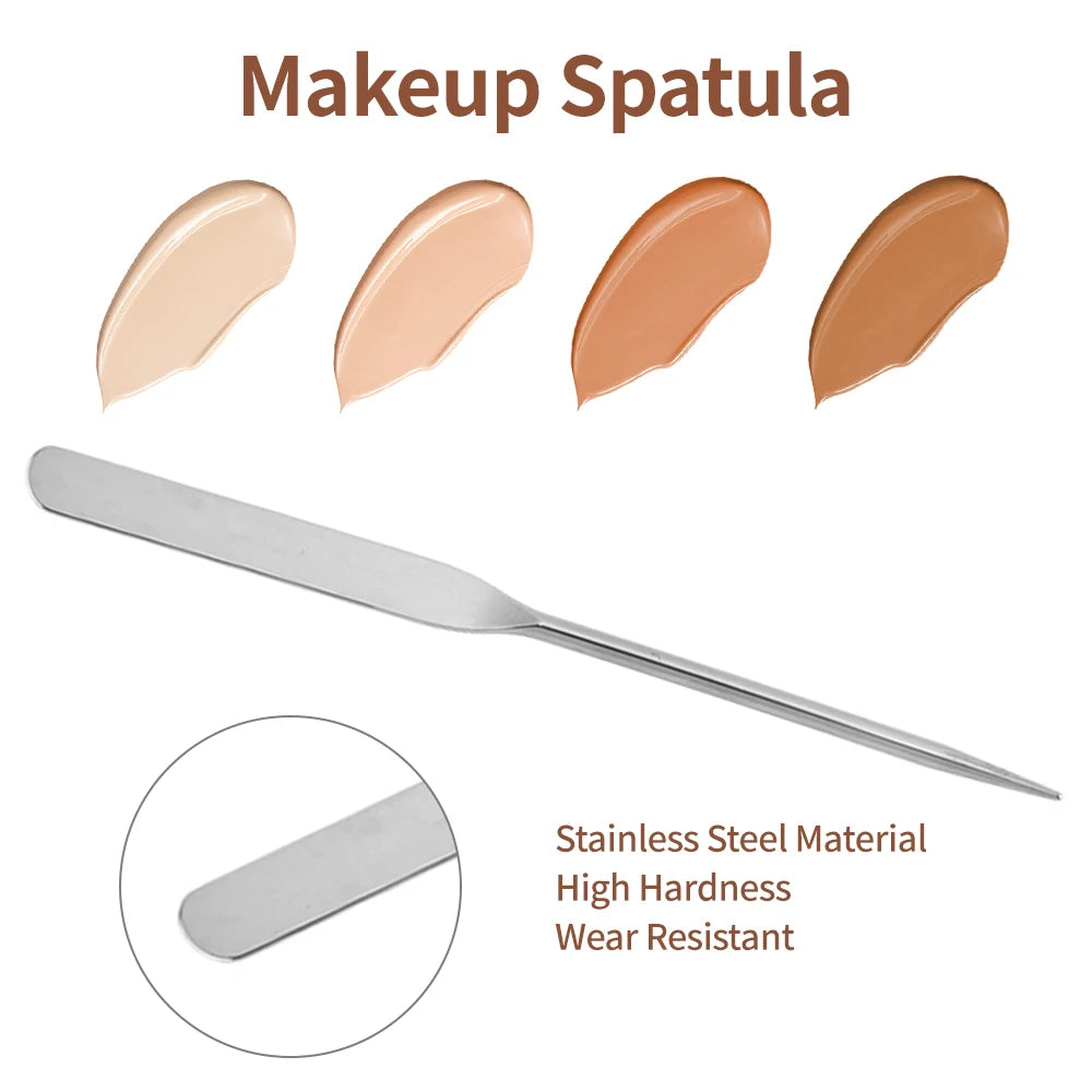 spatule maquillage acier inoxydable argenté moderne lisse brillante outils cosmétiques minimaliste qualité professionnelle durable