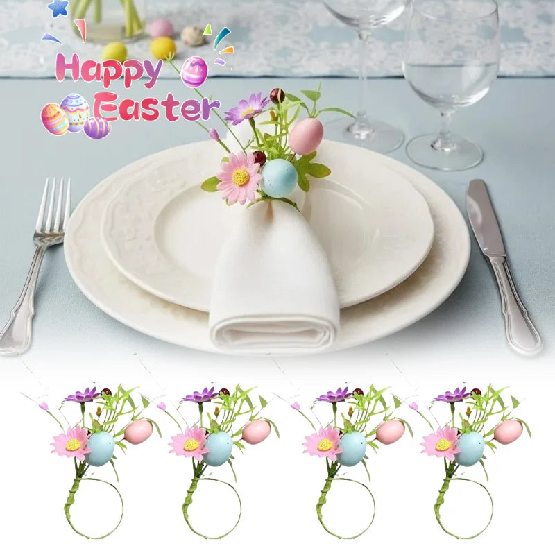 Rond de serviette fait main floral bleu avec œufs de Pâques