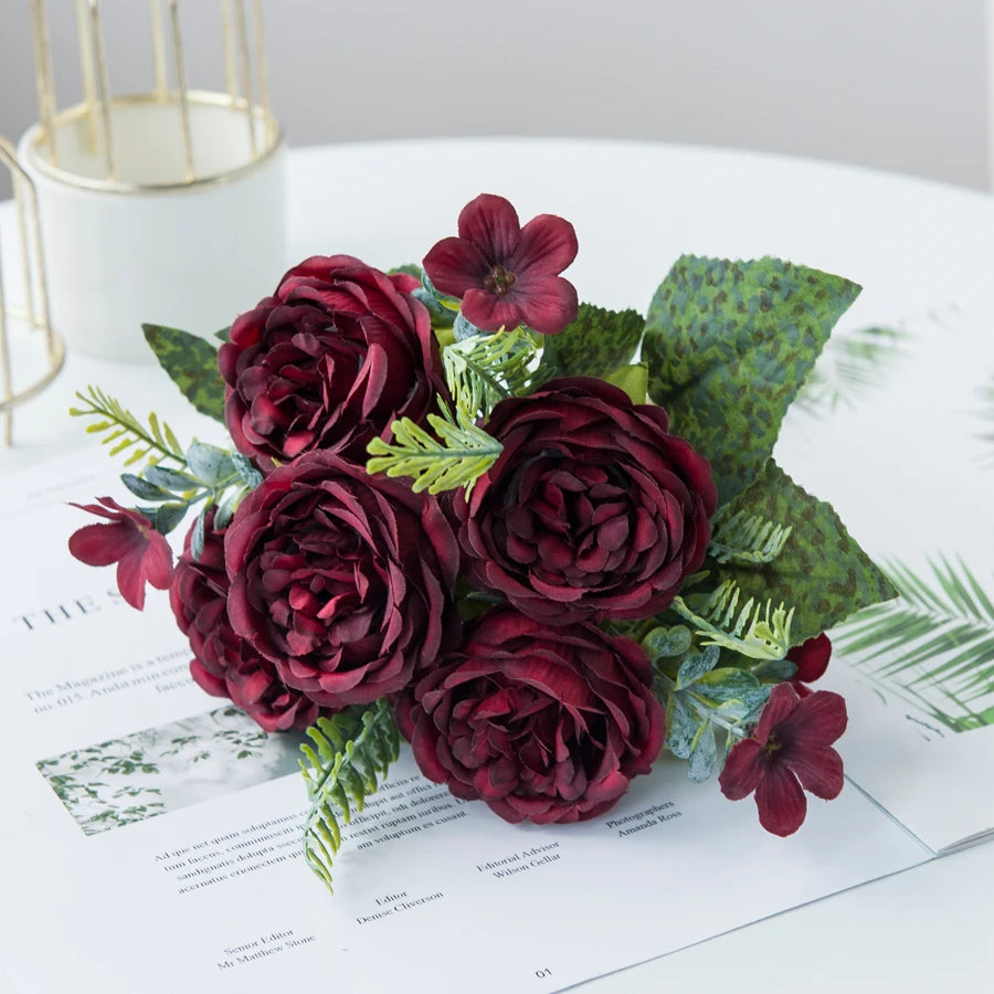 bouquet artificiel roses soie orange rouge rose blanc violet feuilles vertes classiqueintérieurDecorationFestivalMarriage