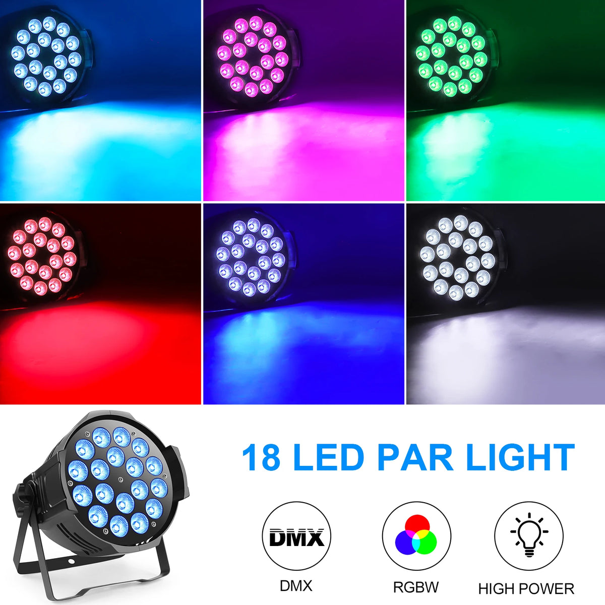 projecteur led 18 lumières rgbw dmx controle 8ch noir professionnel scène dj