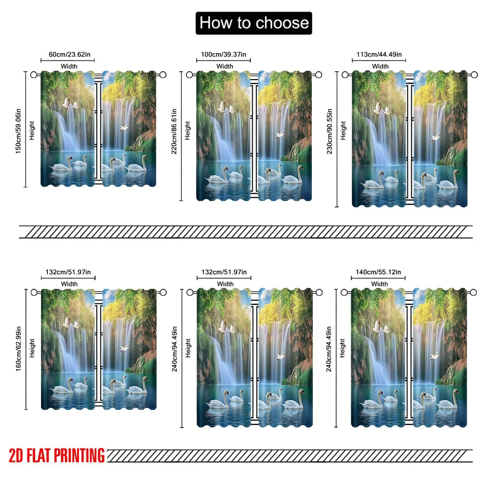 rideau moderne deux pièces paysage cascade oiseaux arbres vert bleu opacité polyester